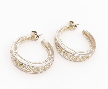 925 Sterling Silver Vintage Earrings Classic Intricate Scrollwork Hoops  EG13808
