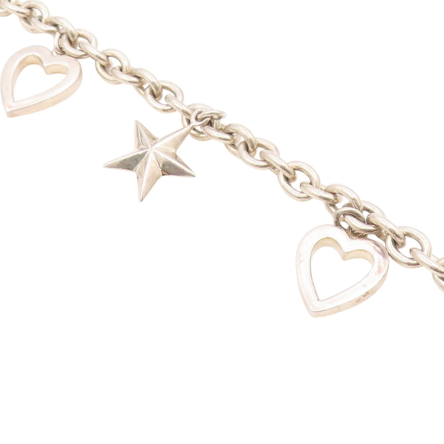 925 Sterling Silver  Vintage Shiny Love Heart & Stars Chain Bracelet  BT9070