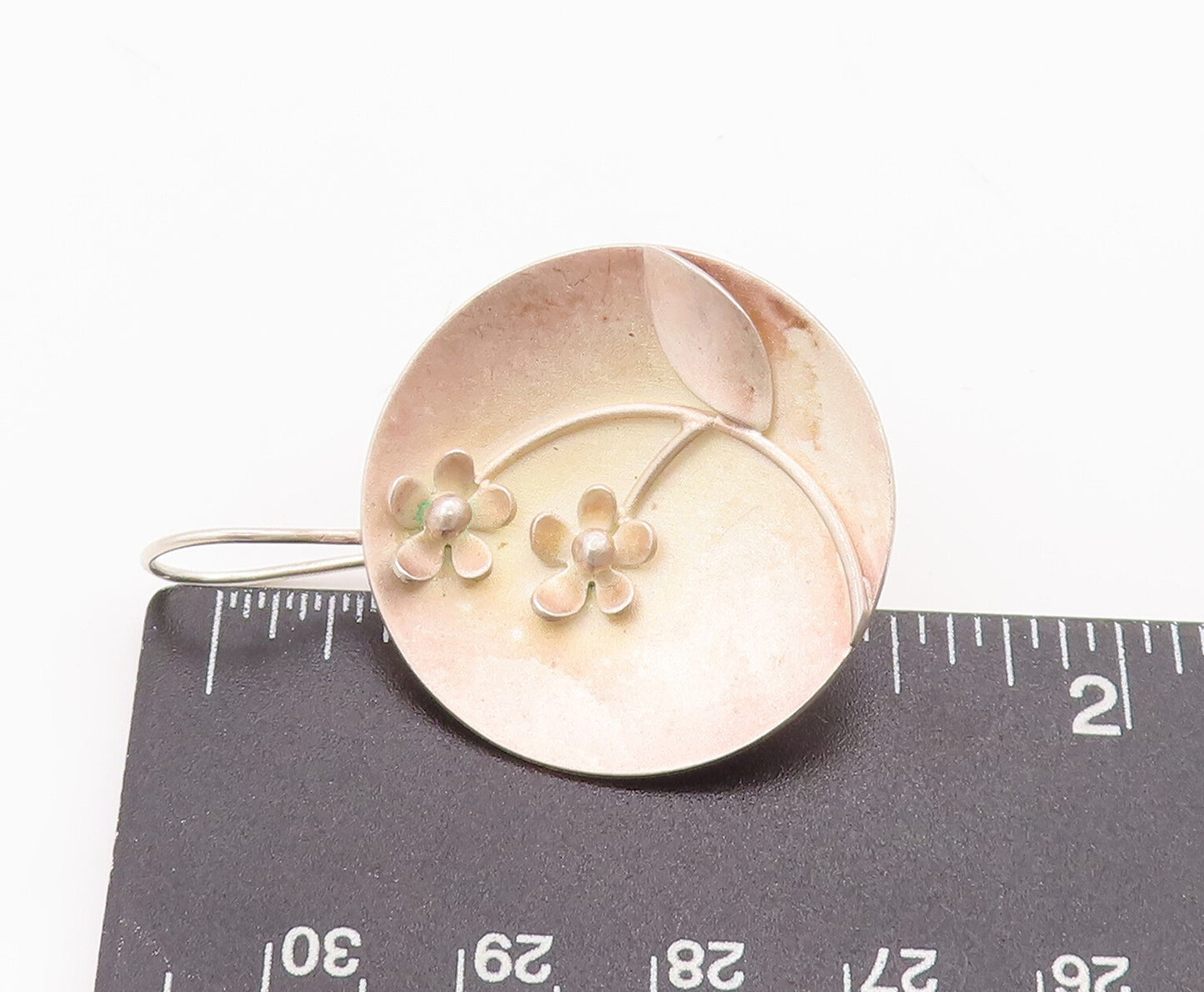 925 Sterling Silver Vintage Earrings Solid Round Plate Carved Flowers   EG13042