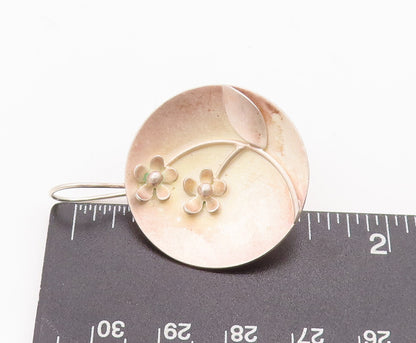 925 Sterling Silver Vintage Earrings Solid Round Plate Carved Flowers   EG13042