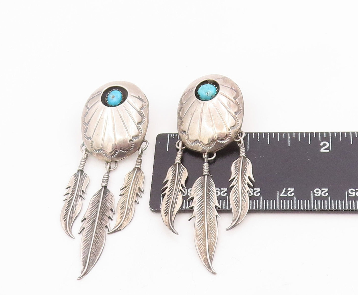 925 Sterling Silver Vintage Earrings NAVAJO Turquoise Concho Feathers  EG13990