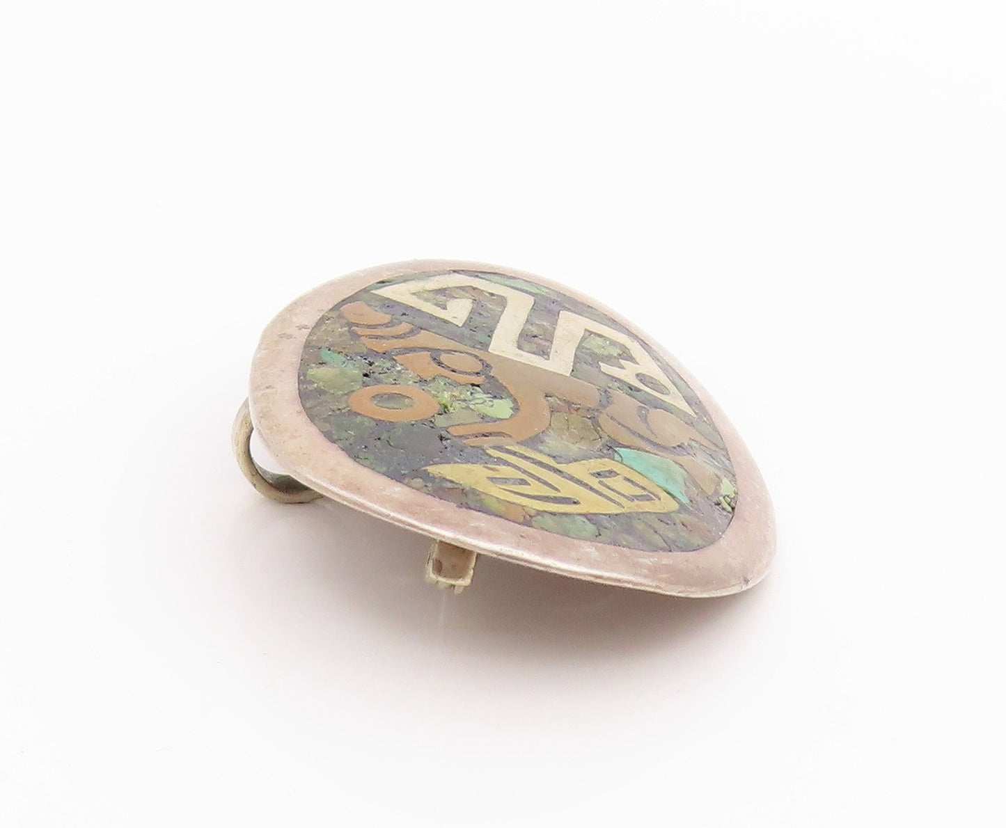 925 Sterling Silver Vintage Brooch Crushed Turquoise Inlay Dancing Man   BP11724