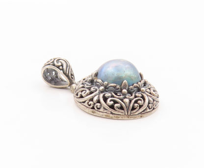 925 Sterling Silver Vintage Pendant Pearl Halo Dark Tone Swirls Carved  PT24104