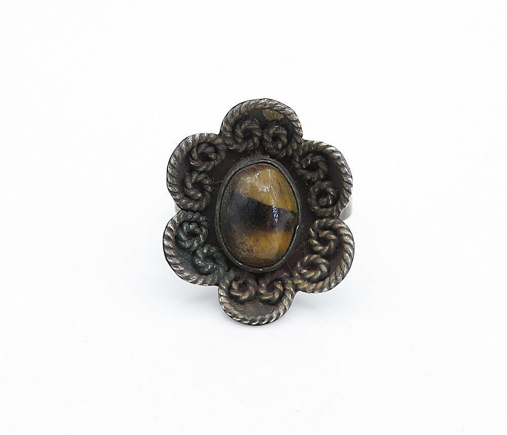 MEXICO 925 Silver  Vintage Tiger's Eye Floral Twist Cocktail Ring Sz 7  RG7397