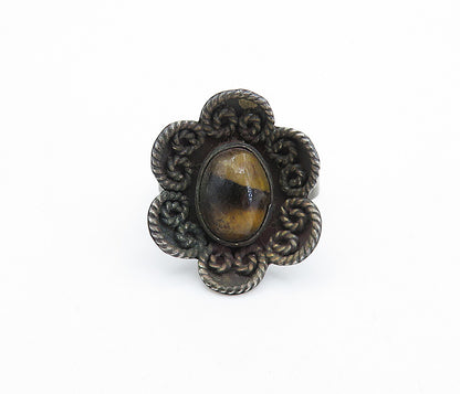 MEXICO 925 Silver  Vintage Tiger's Eye Floral Twist Cocktail Ring Sz 7  RG7397