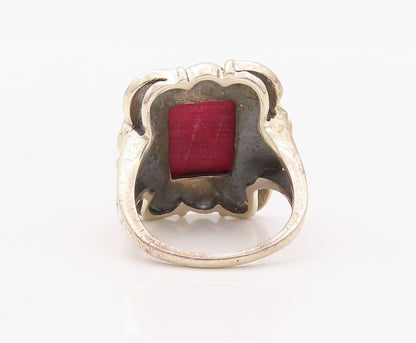925 Sterling Silver Vintage Ring Red Gemstone Swirly Carved Frame Sz 8  RG30280