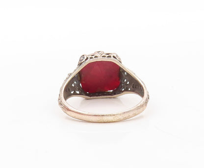 925 Sterling Silver Vintage Ring Red Gemstone Designer Cutout  Sz 8.5  RG30673