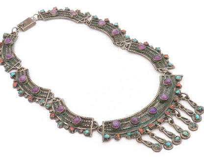 925 Sterling Silver Vintage Necklace MEXICO Real Gemstones Large Royal  NE4350