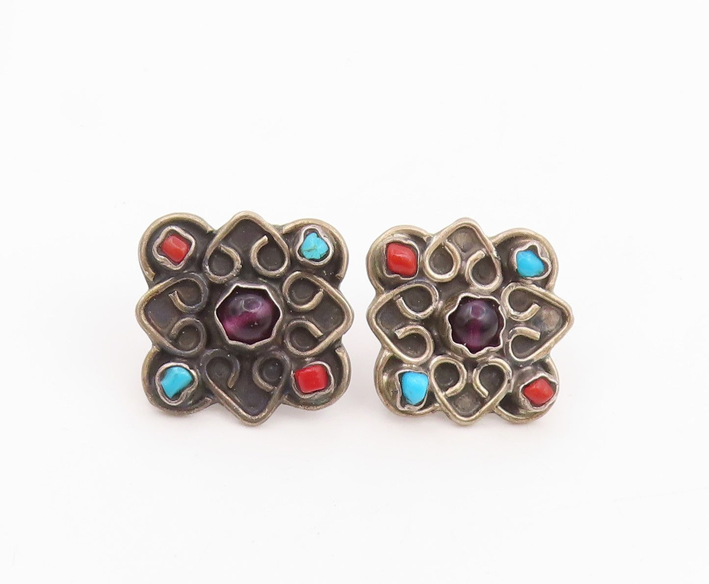 925 Sterling Silver Vintage Earrings MEXICO Multi Gemstone Floral Stud  EG14092