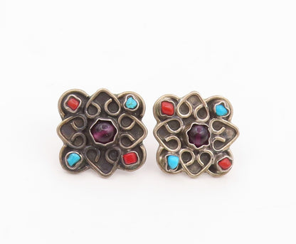 925 Sterling Silver Vintage Earrings MEXICO Multi Gemstone Floral Stud  EG14092