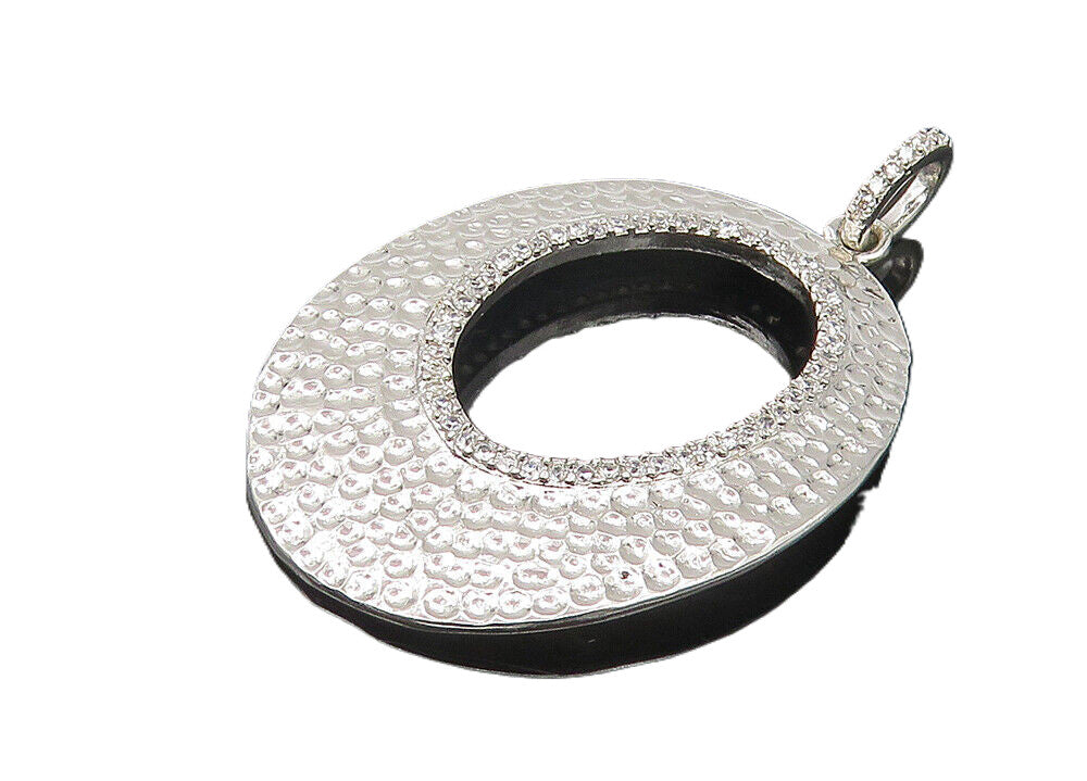 925 Sterling Silver  Shiny Hammered Open Oval Polished Drop Pendant  PT8746