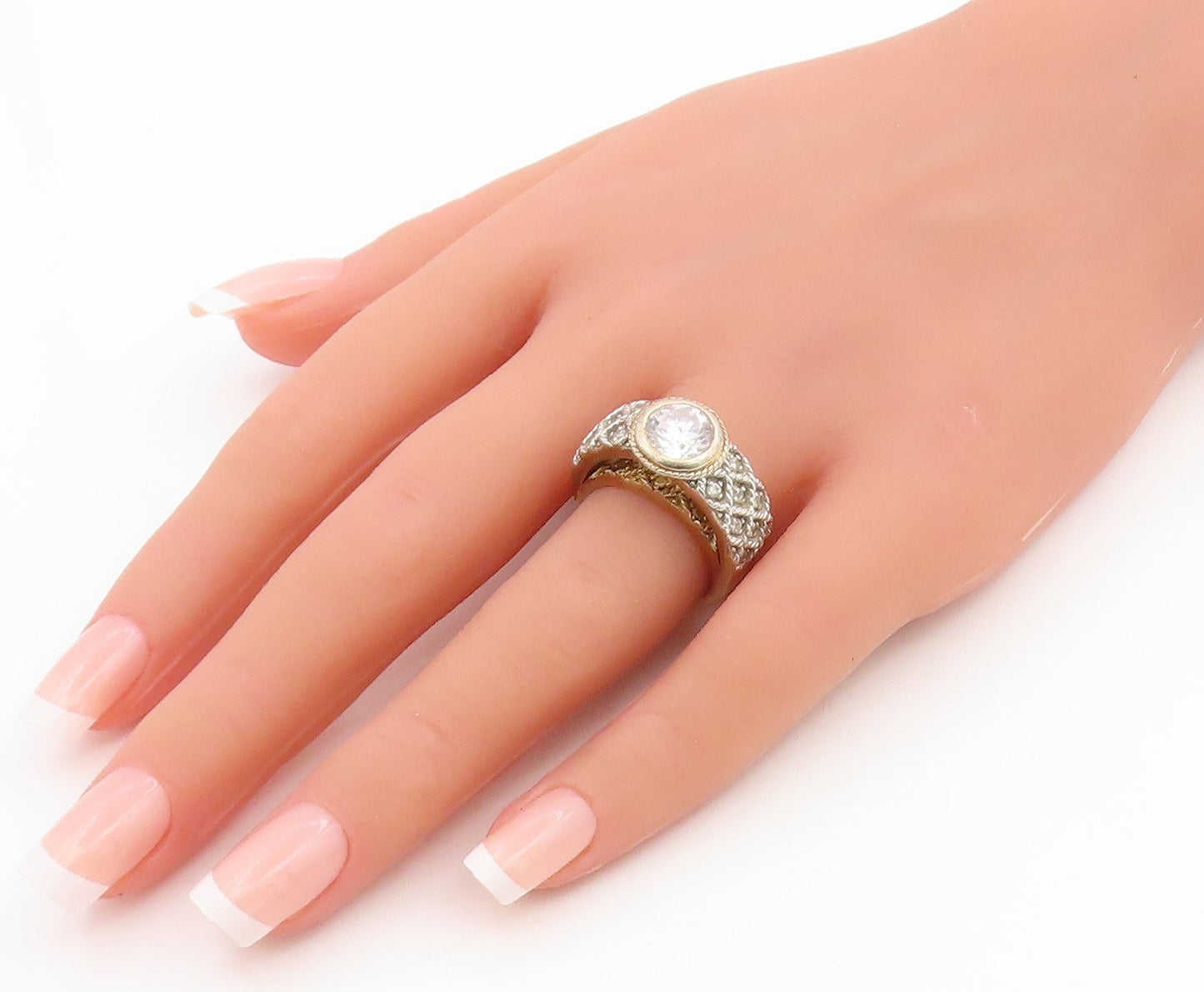 925 Sterling Silver Vintage Ring Gold Plated Round CZ Woven Band  Sz 7  RG35912