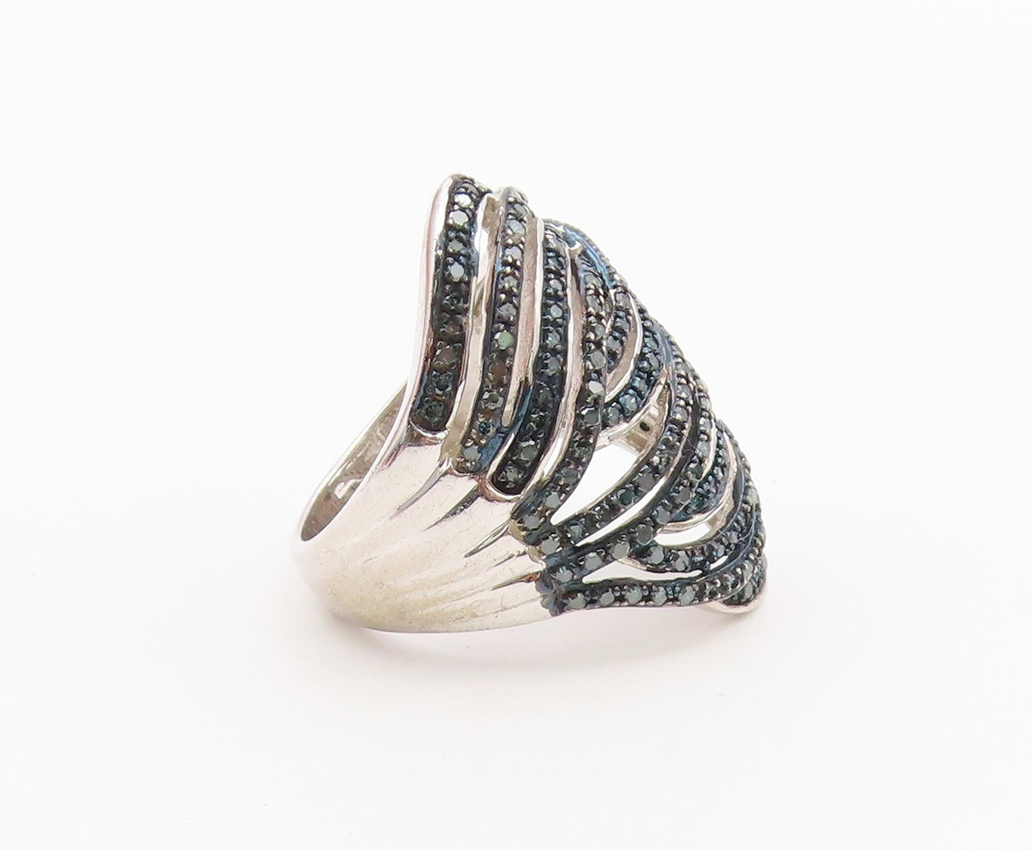 925 Sterling Silver Vintage Ring Real Diamonds Crossover Wave  Sz 9  RG36489