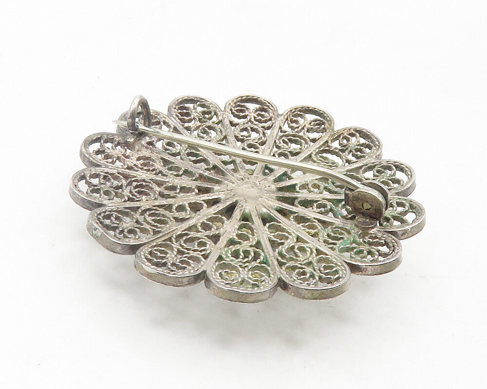 925 Silver  Vintage Antique Enamel Windmill Filigree Floral Brooch Pin  BP4375