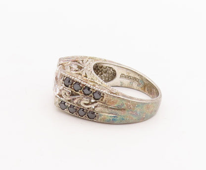 925 Sterling Silver Vintage Ring Swirls Carved Onyx Shank & Topaz  Sz 6  RG28721