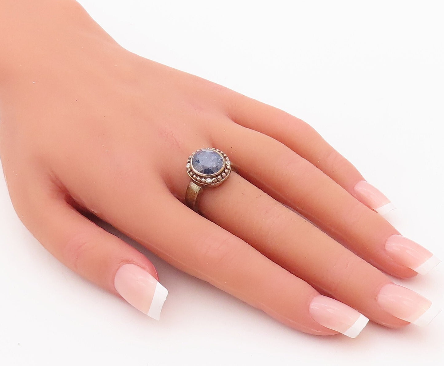 925 Sterling Silver Vintage Ring Round Cut Gemstone & Diamonds  Sz 7.5  RG29904