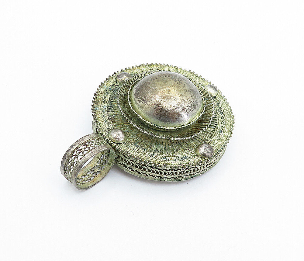 925 Sterling Silver  Vintage Antique Filigree Detail Round Dome Pendant PT4259