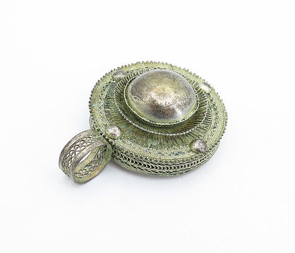 925 Sterling Silver  Vintage Antique Filigree Detail Round Dome Pendant PT4259