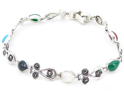 925 Sterling Silver MOP Turquoise Onyx & Carnelian Chain Bracelet  BT3643