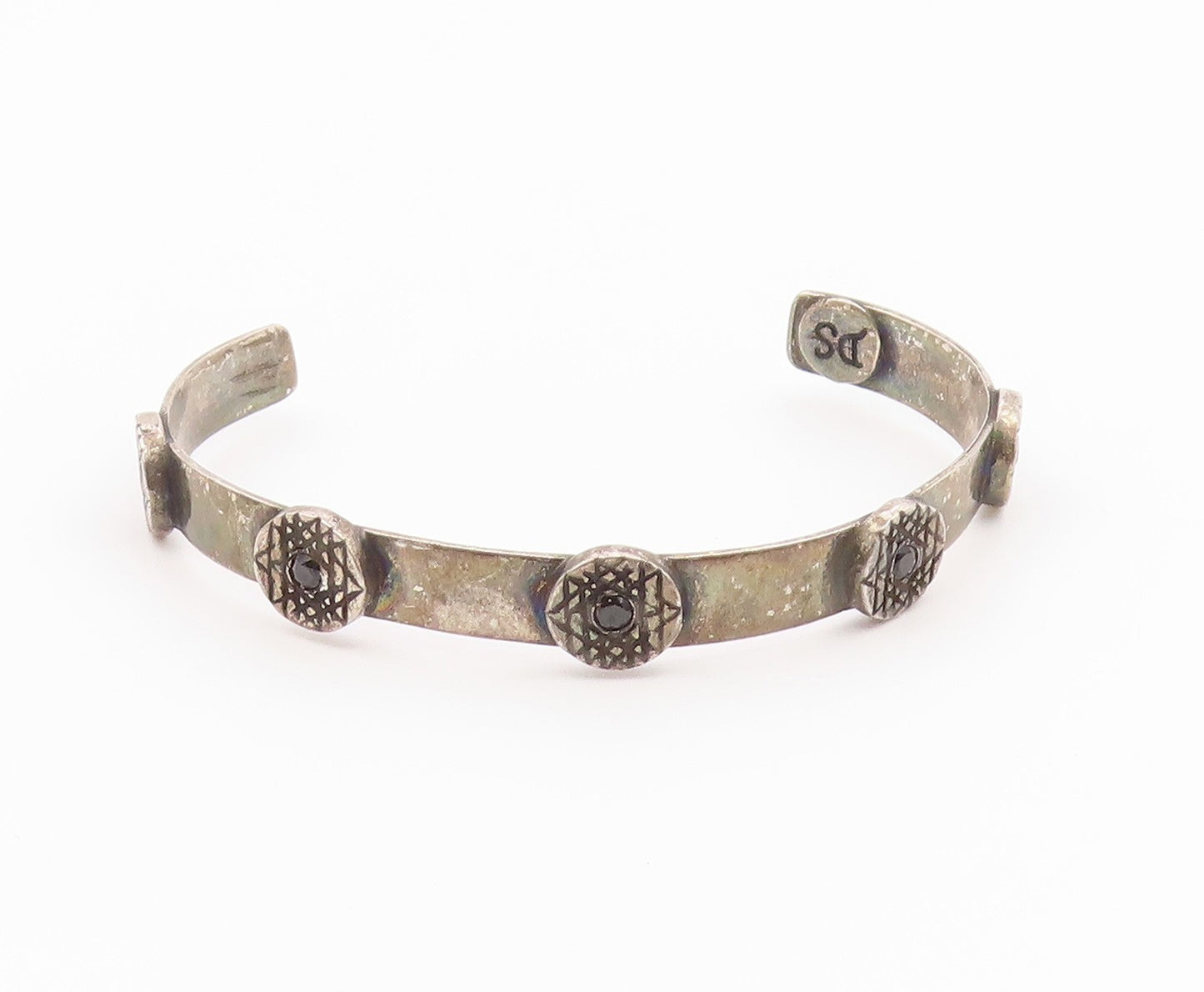 DESIGNER 925 Silver  Vintage Etched Circle Sapphire Cuff Bracelet  BT9444