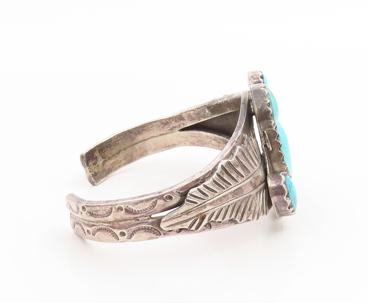 925 Sterling Silver Vintage Bracelet MEXICO Turquoise Etched Leaf Cuff  BT11989