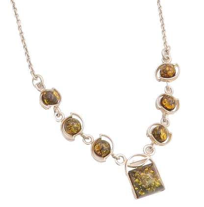 925 Sterling Silver Vintage Necklace Cabochon Round & Square Honey Amber NE4595