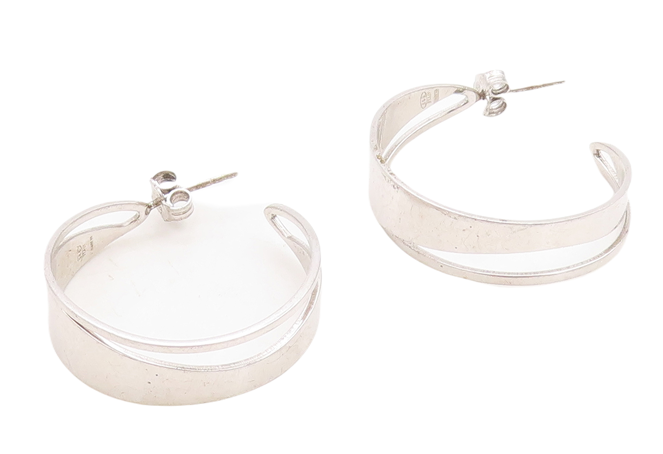 925 Sterling Silver Vintage Earrings Modernist Cutout Open Hoops  EG13307