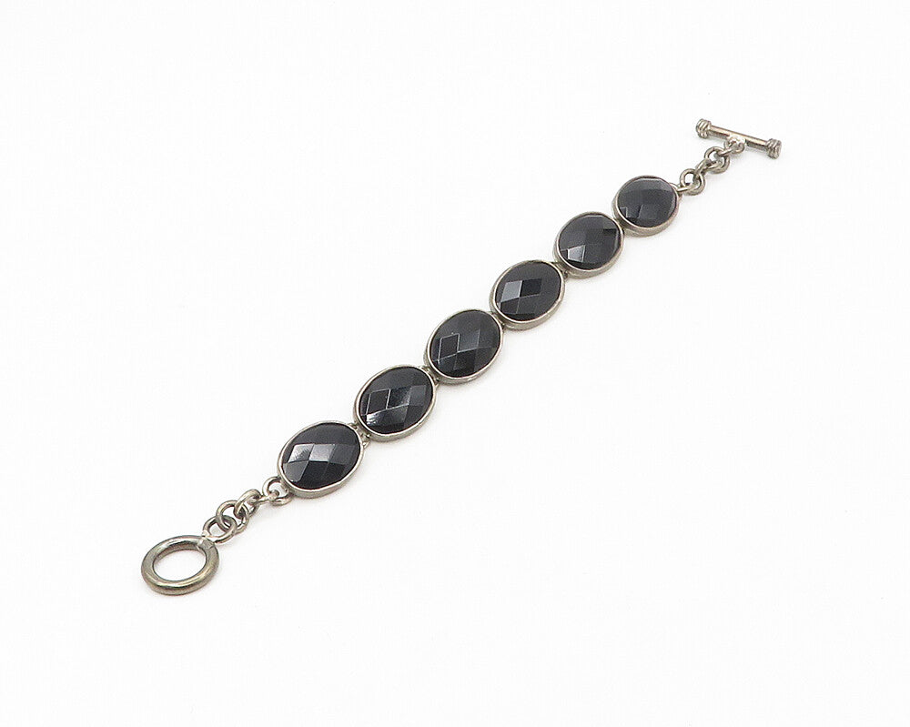 JRI MEXICO 925 Silver   Vintage Faceted Black Hematite Chain Bracelet  BT7202