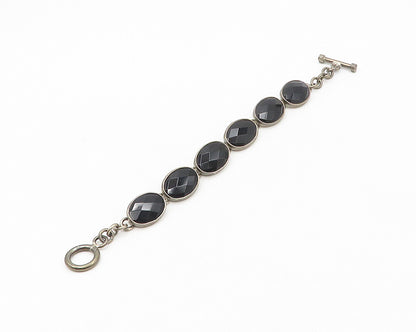 JRI MEXICO 925 Silver   Vintage Faceted Black Hematite Chain Bracelet  BT7202