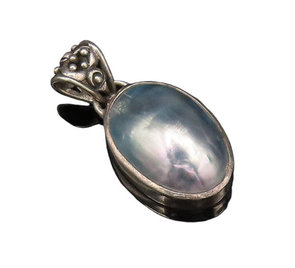 925 Silver  Vintage Cabochon Mother Of Pearl Detailed Bail Pendant  PT21455