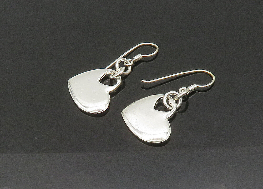 925 Sterling Silver  Vintage Shiny Smooth Love Heart Dangle Earrings  EG10749