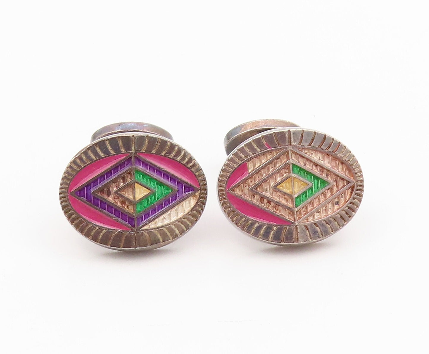 925 Sterling Silver Vintage Cuff Links ENGLAND Dark Tone Enameled Design  TR3855