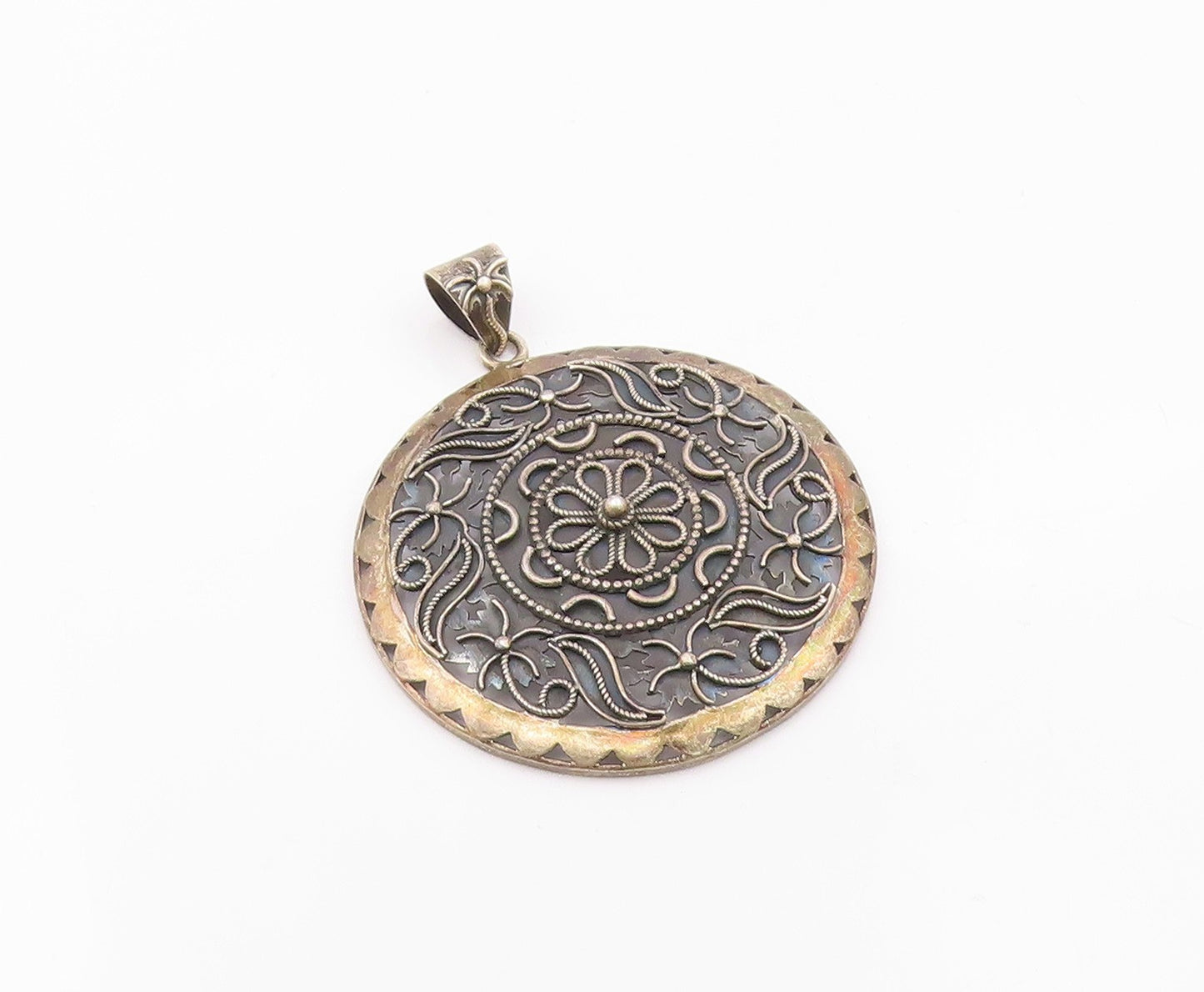 DOUG PAULUS 925 Silver  Vintage Two Tone Floral Beaded Scroll Pendant  PT20119
