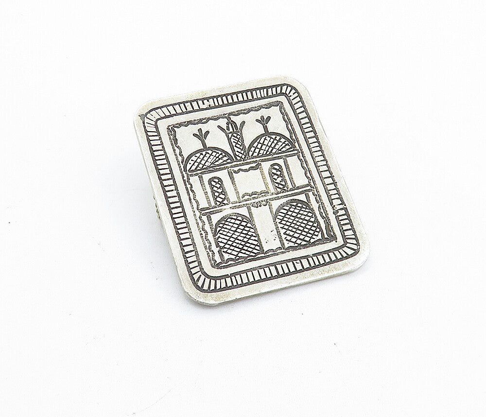 925 Sterling Silver  Vintage Etched House Pattern Square Brooch Pin  BP2178