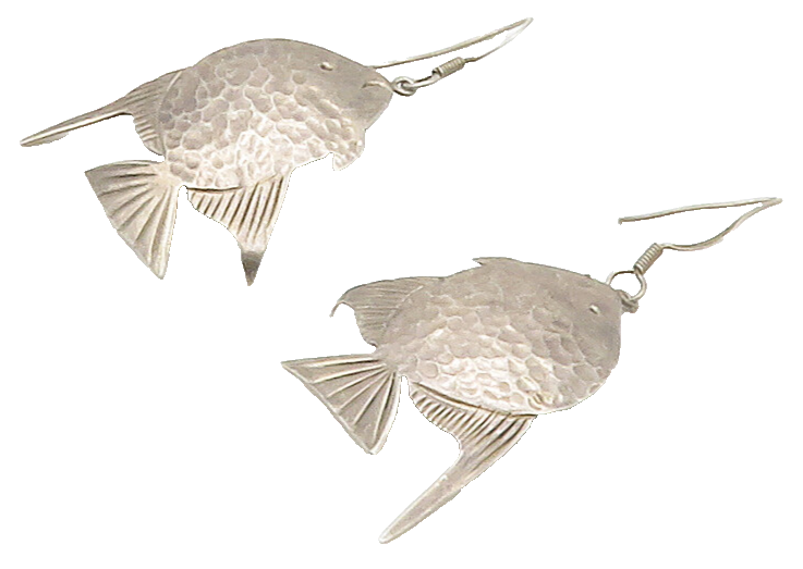 MEXICO 925 Sterling Silver  Vintage Hammered Fish Motif Dangle Earrings EG8498