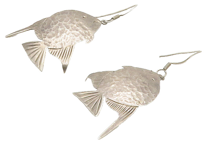 MEXICO 925 Sterling Silver  Vintage Hammered Fish Motif Dangle Earrings EG8498