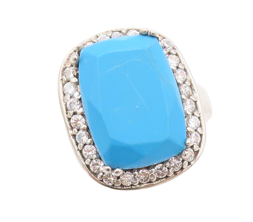 925 Sterling Silver Vintage Ring Rectangle Cut Turquoise Halo CZ  Sz 7  RG30297