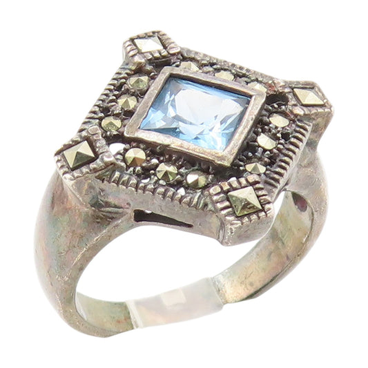 925 Sterling Silver Vintage Ring Square Cut Blue Topaz & Marcasite Sz 8 RG35145