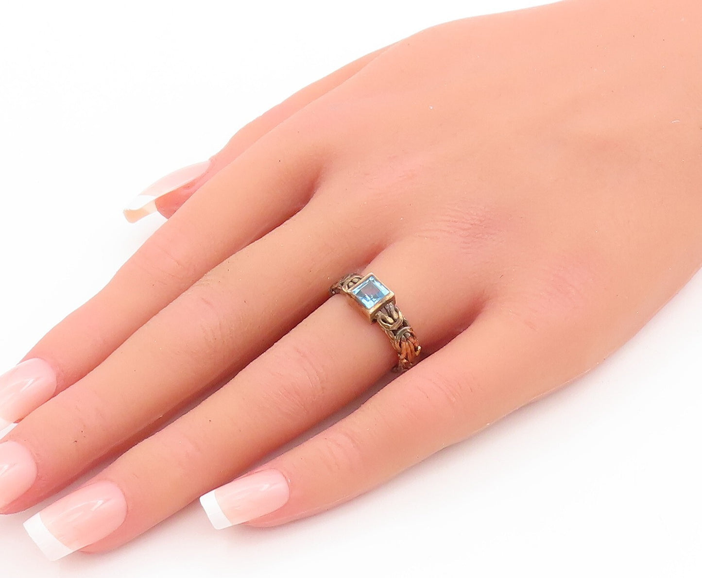 925 Sterling Silver Vintage Ring Intrinsic Breaded Blue Square CZ Sz 6.5 RG28861