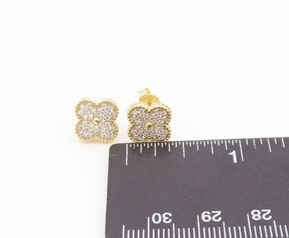 925 Sterling Silver Vintage Earrings Gold Plated CZ Lucy Clover Stud  EG14516