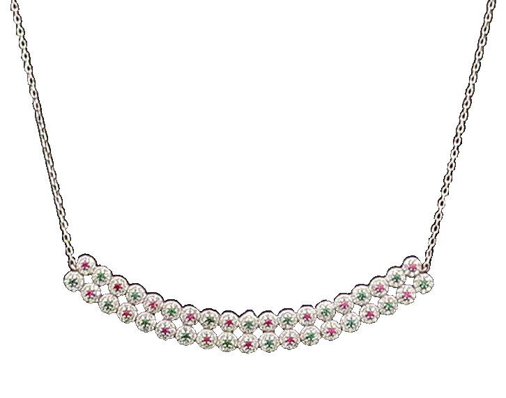 925 Sterling Silver  Vintage Pink & Green Flowers Halo CZ Necklace  NE4130