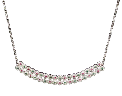 925 Sterling Silver  Vintage Pink & Green Flowers Halo CZ Necklace  NE4130