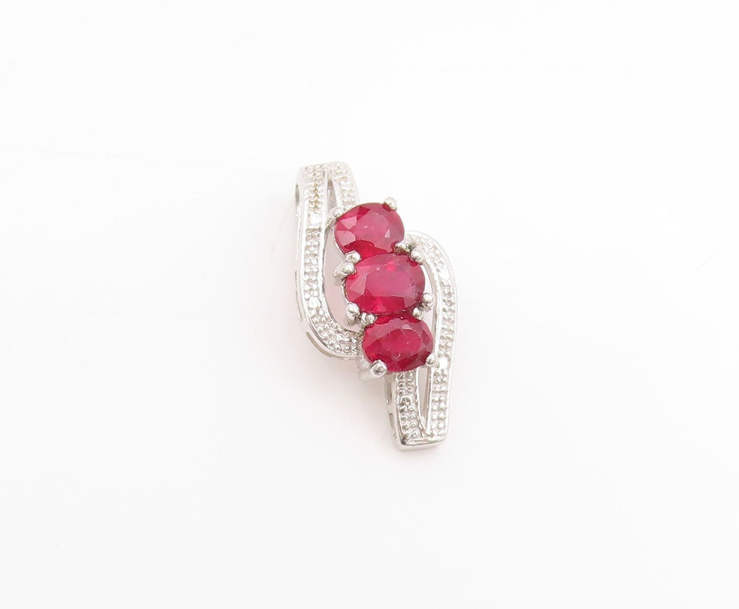 925 Sterling Silver Vintage Pendant Modernist Three Stone Ruby Charm  PT25035