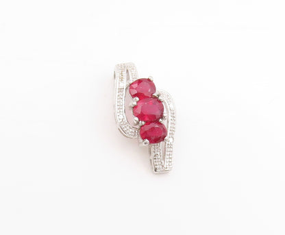 925 Sterling Silver Vintage Pendant Modernist Three Stone Ruby Charm  PT25035