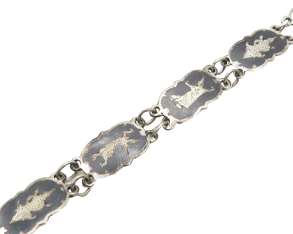 SIAM 925 Sterling Silver  Vintage Niello Enamel Dancer Chain Bracelet  BT7018