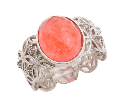 925 Sterling Silver Vintage Ring Oval Orange Gemstone Cutout Band Sz 10  RG28932