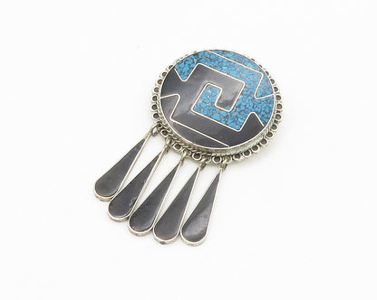 MEXICO 925 Sterling Silver  Vintage Turquoise & Black Onyx Brooch Pin  BP5342