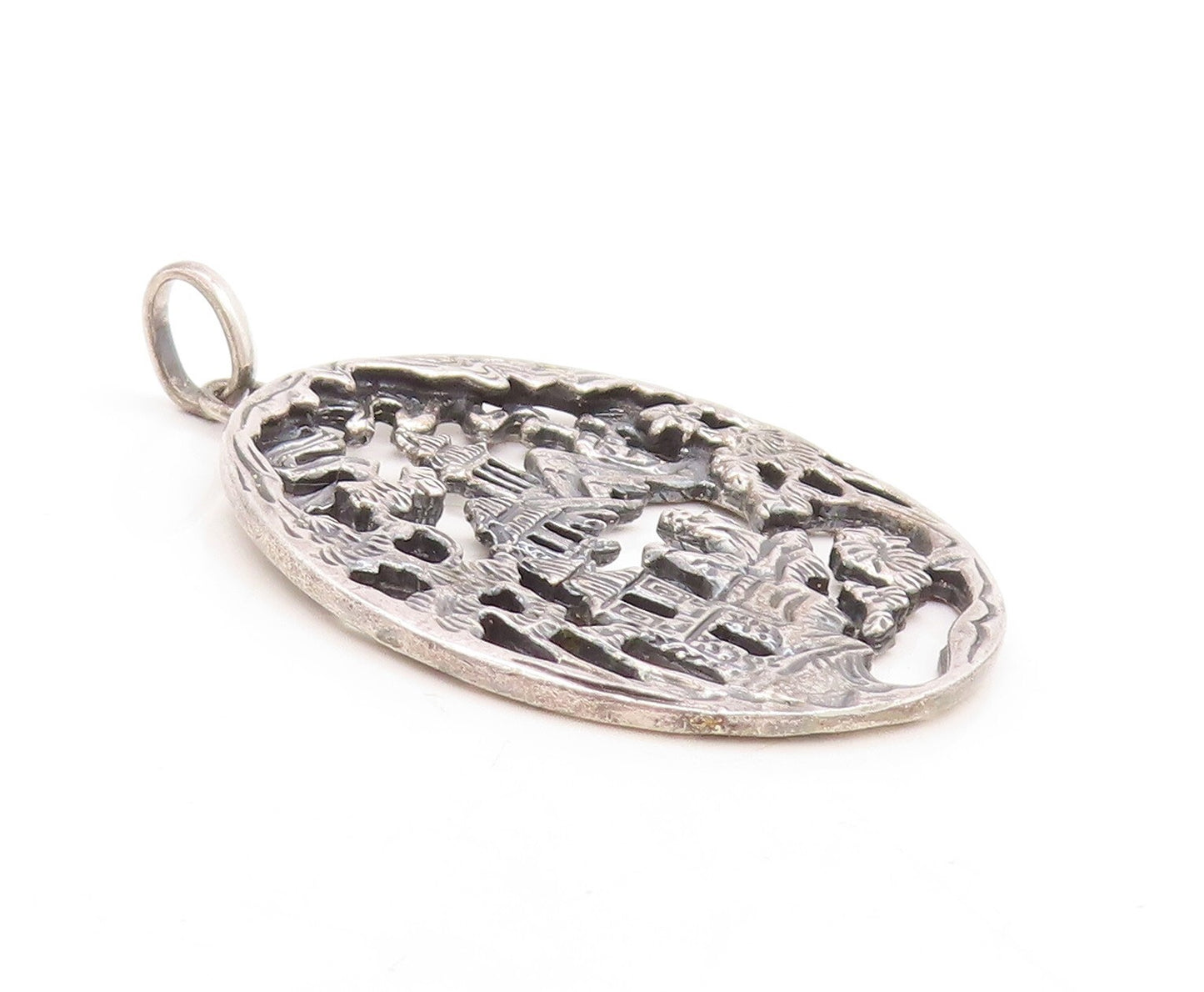 925 Sterling Silver Vintage Pendant NAPIER Dark Tone Village Landscape  PT23841