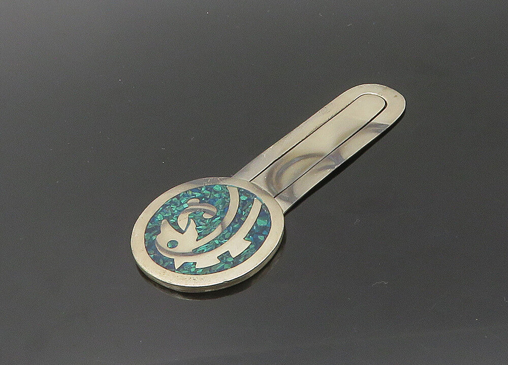 MEXICO 925 Sterling Silver  Vintage Malachite Mosaic Dolphin Book Mark  TR3001