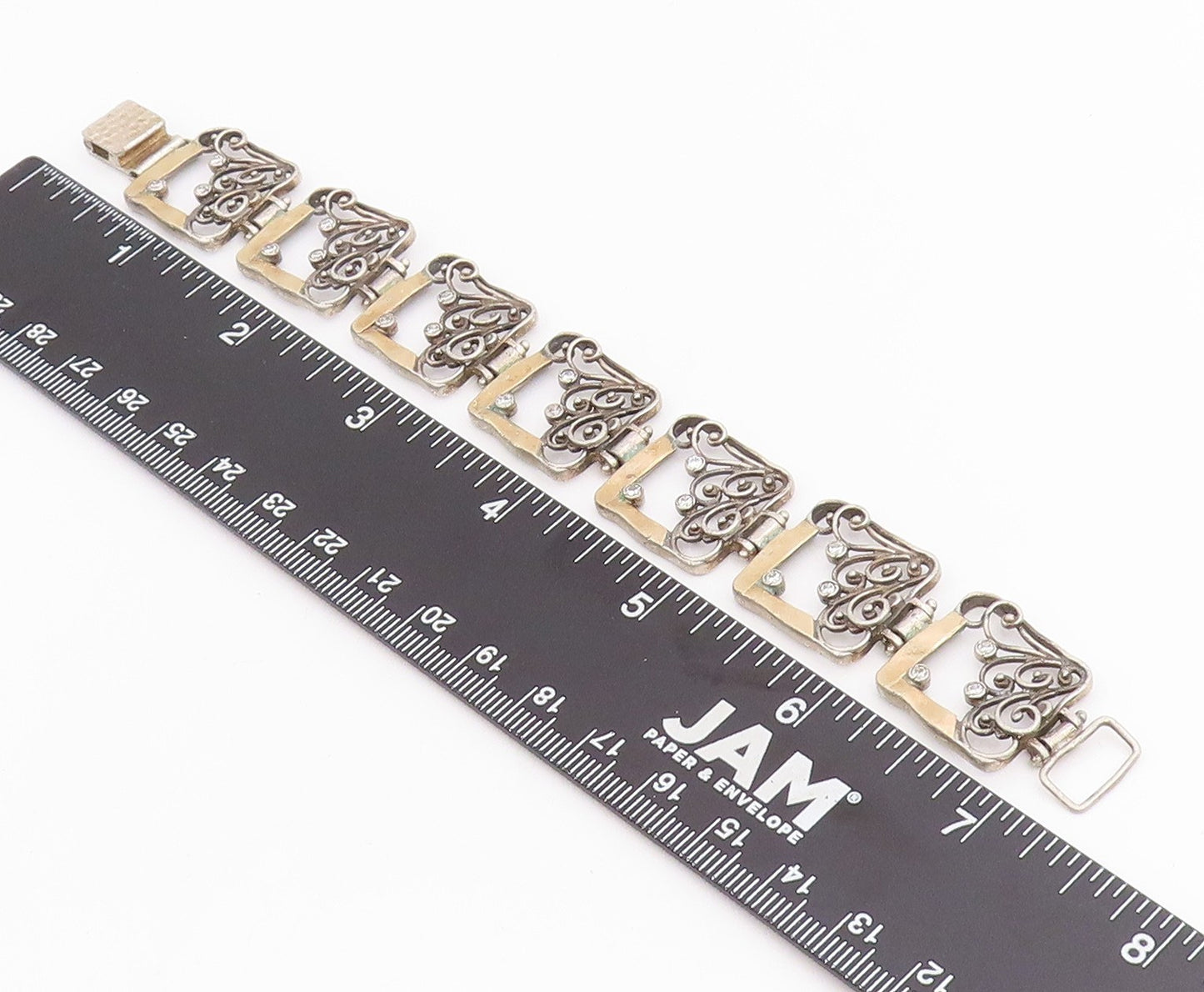 14k Gold & 925 Sterling Silver Vintage Bracelet CZ Floral Panel Link  BT11846